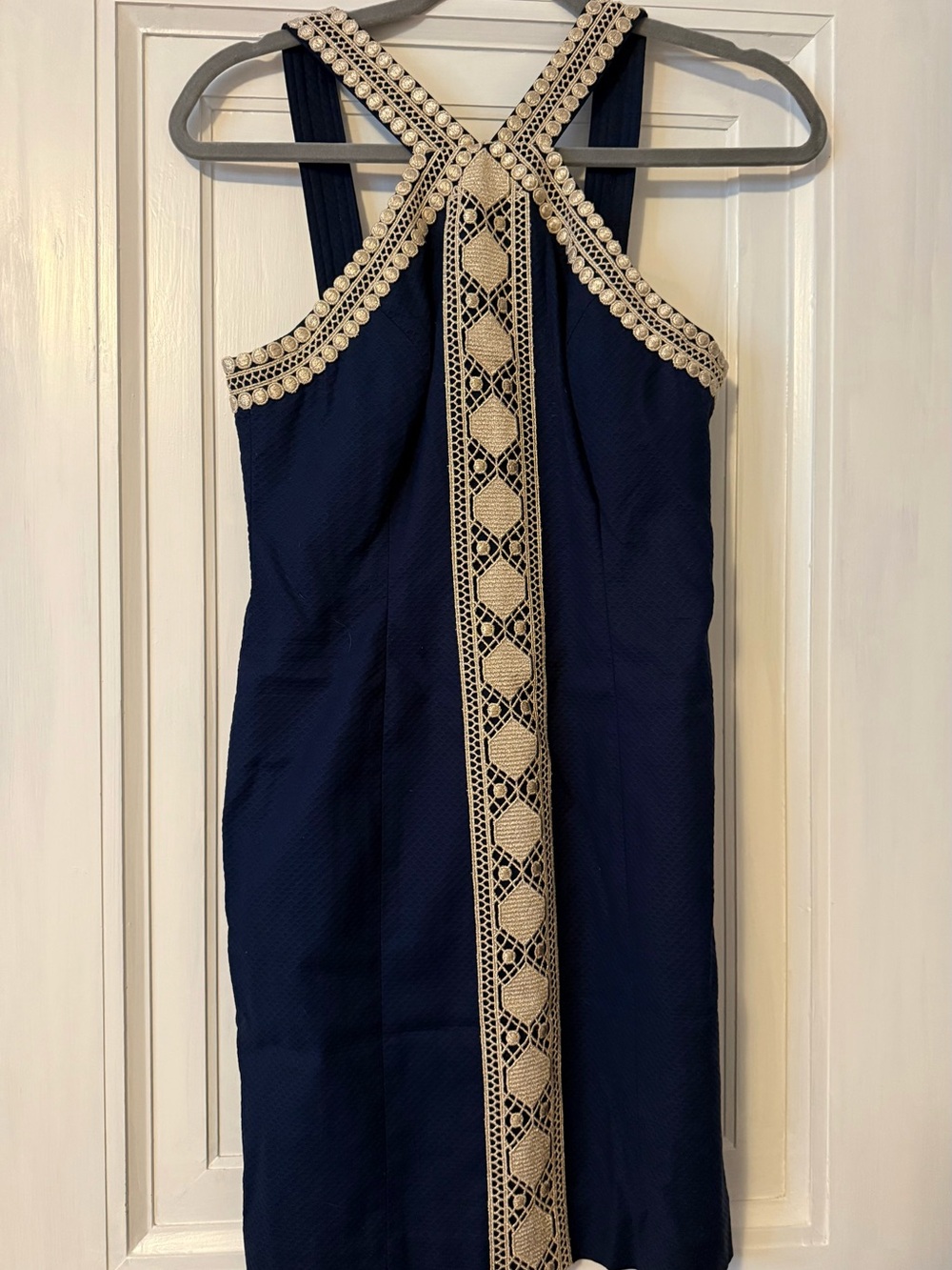 Lilly Pulitzer Navy Backless Dress with Cream Crochet Trim
